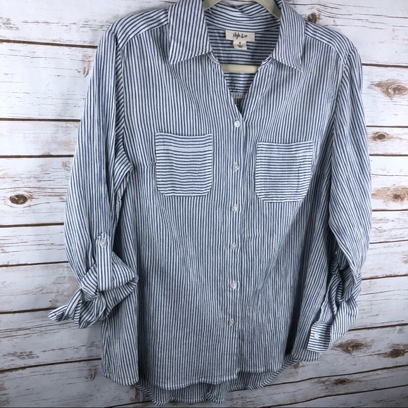 Style & Co stripe hi low crochet button back top - Picture 2 of 8